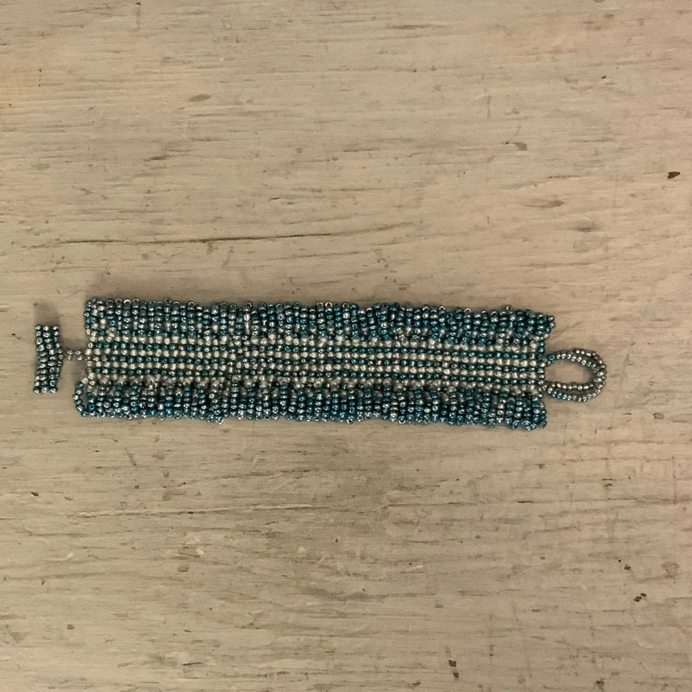 Handmade Blue White Iridescent Mini Beaded Cuff Bracelet 7